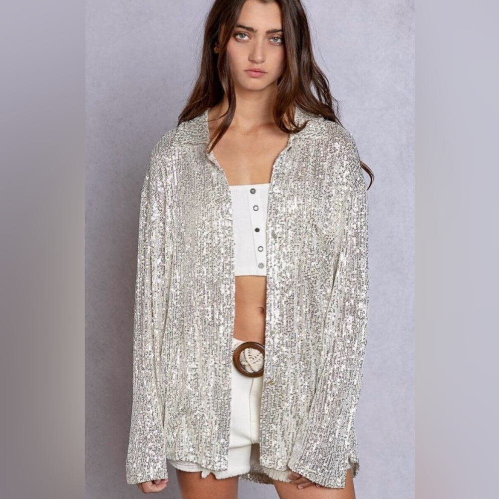 POL Silver Sequin Button Down Shirt